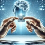 Fotografía conceptual de un laboratorio de neurotecnología, manos humanas sosteniendo un chip sobre un fondo azul moderno y luminoso.