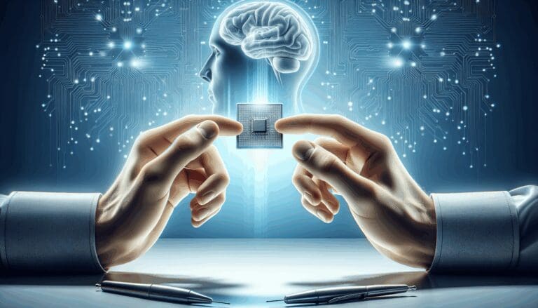 Fotografía conceptual de un laboratorio de neurotecnología, manos humanas sosteniendo un chip sobre un fondo azul moderno y luminoso.