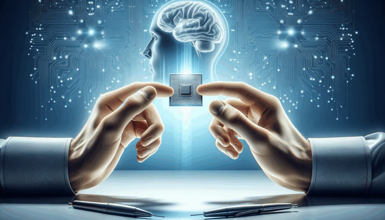 Fotografía conceptual de un laboratorio de neurotecnología, manos humanas sosteniendo un chip sobre un fondo azul moderno y luminoso.