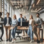 Jóvenes emprendedores trabajando en un moderno laboratorio tecnológico