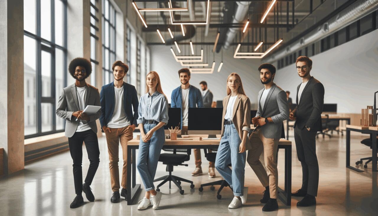 Jóvenes emprendedores trabajando en un moderno laboratorio tecnológico