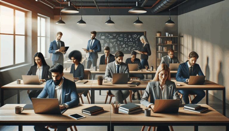 Emprendedores trabajando en un moderno espacio de coworking con laptops y pizarras.