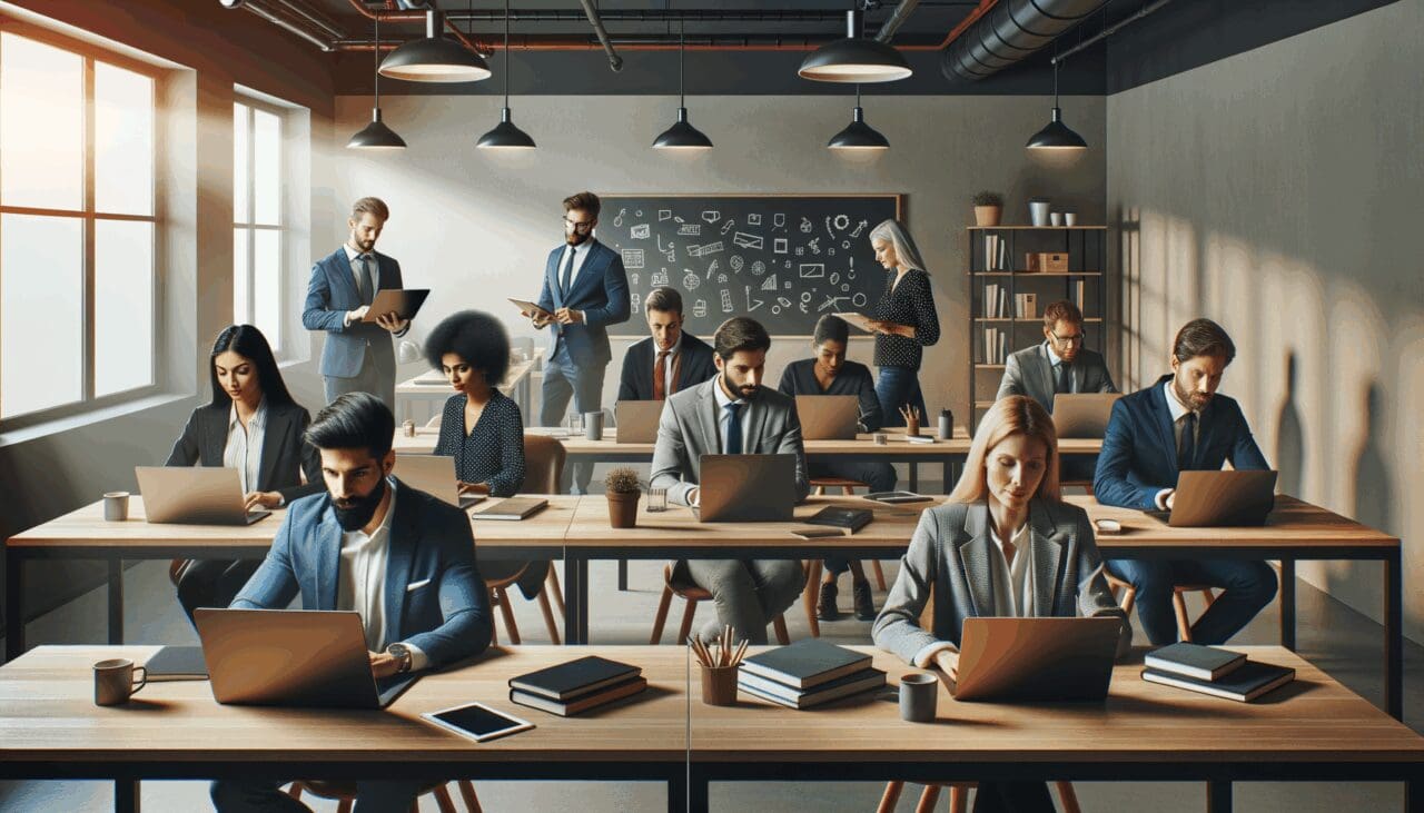 Emprendedores trabajando en un moderno espacio de coworking con laptops y pizarras.