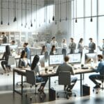 Oficina moderna con equipo de jóvenes emprendedores colaborando frente a computadoras.