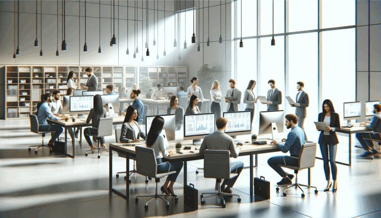 Oficina moderna con equipo de jóvenes emprendedores colaborando frente a computadoras.