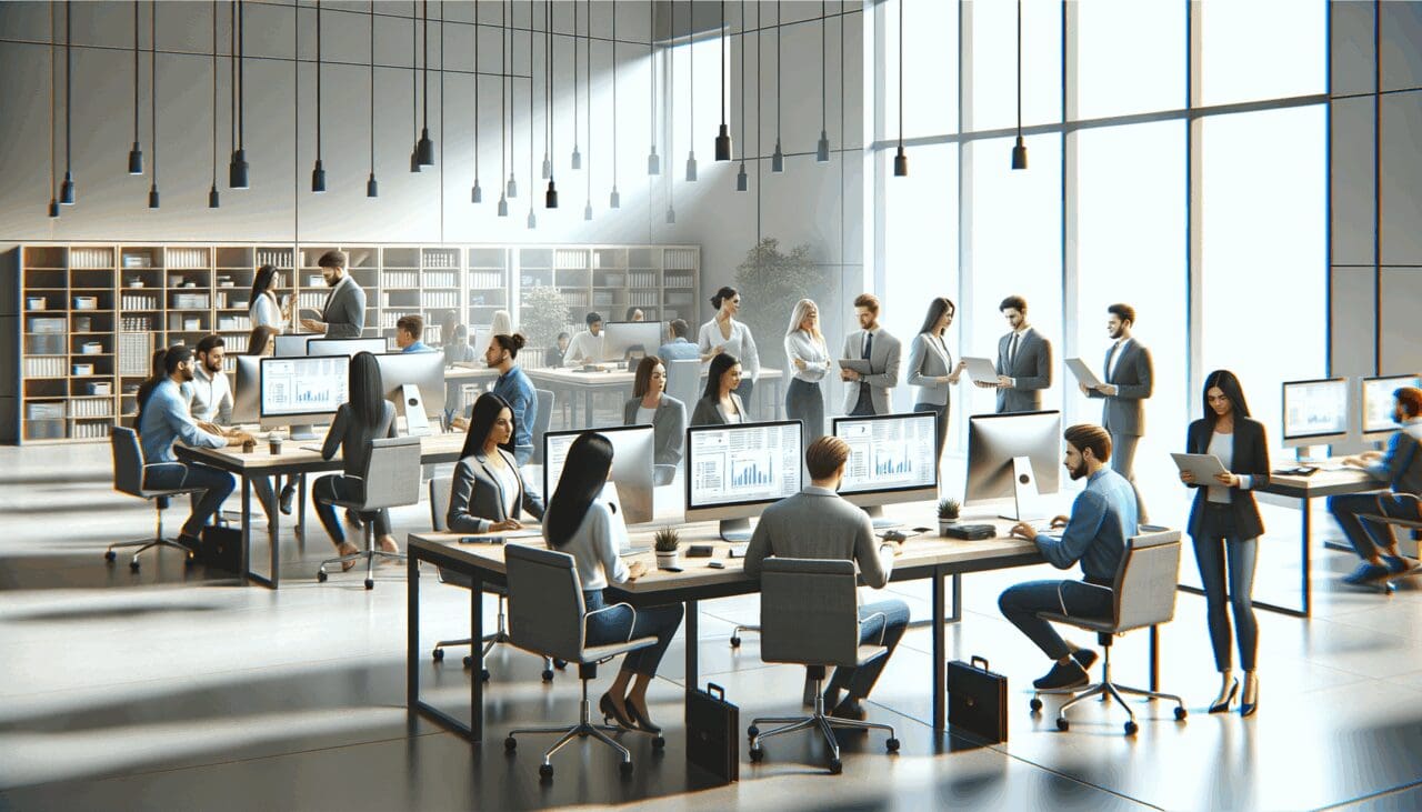 Oficina moderna con equipo de jóvenes emprendedores colaborando frente a computadoras.