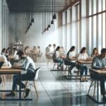 Espacio de coworking moderno con emprendedores trabajando y laptops, ambiente de colaboración.