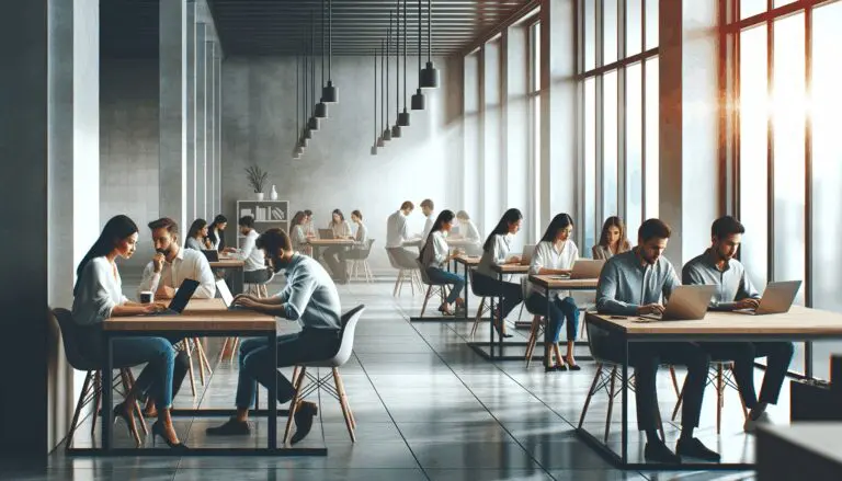 Espacio de coworking moderno con emprendedores trabajando y laptops, ambiente de colaboración.