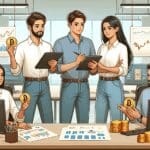 Ilustración de jóvenes emprendedores analizando gráficos digitales y monedas criptográficas en una oficina moderna.