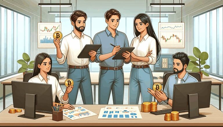 Ilustración de jóvenes emprendedores analizando gráficos digitales y monedas criptográficas en una oficina moderna.