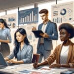 Ilustración editorial de un grupo diverso de jóvenes profesionales trabajando con gráficos y pantallas digitales en una oficina moderna.