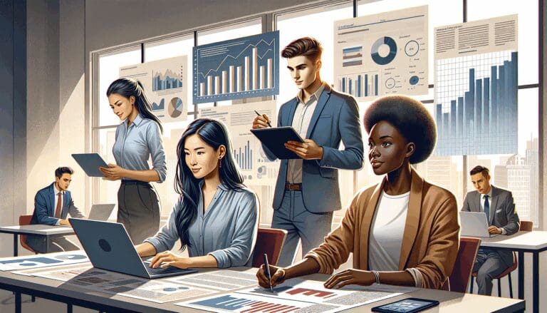 Ilustración editorial de un grupo diverso de jóvenes profesionales trabajando con gráficos y pantallas digitales en una oficina moderna.