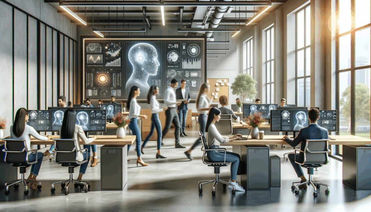 Personas interactuando en un espacio de coworking moderno con pantallas que muestran gráficos de inteligencia artificial.
