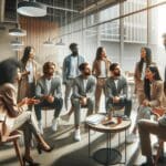 Grupo diverso de emprendedores conversando en un espacio de coworking vibrante y moderno.