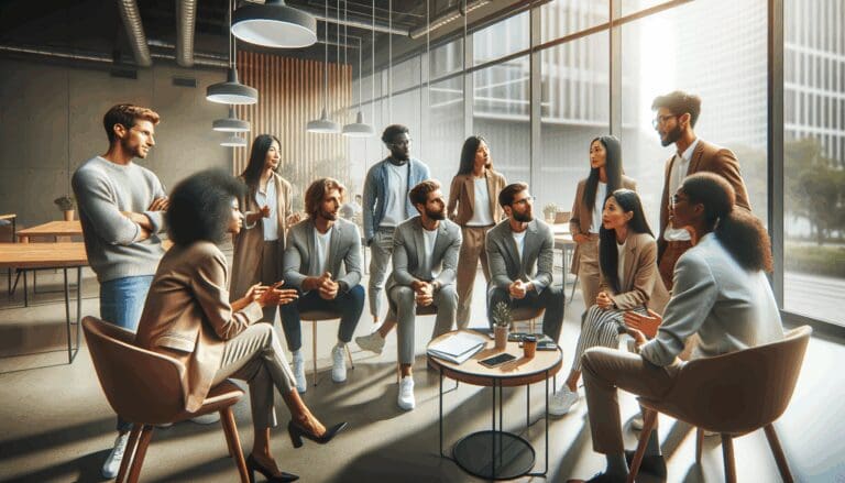 Grupo diverso de emprendedores conversando en un espacio de coworking vibrante y moderno.