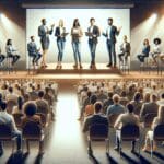 Fotografía de un evento tecnológico moderno con emprendedores presentando frente a una audiencia en un auditorio iluminado.