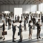 Personas de negocios interactuando en un evento moderno, con stands tecnológicos y ambiente profesional.