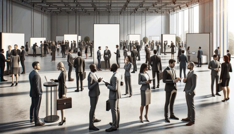 Personas de negocios interactuando en un evento moderno, con stands tecnológicos y ambiente profesional.
