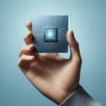 Primer plano de una mano sosteniendo un chip de inteligencia artificial sobre un fondo azul minimalista.
