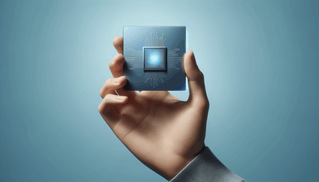 Primer plano de una mano sosteniendo un chip de inteligencia artificial sobre un fondo azul minimalista.
