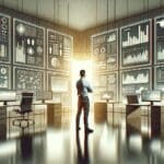 Hombre solo frente a múltiples pantallas en una oficina moderna, rodeado de gráficos y datos tecnológicos.