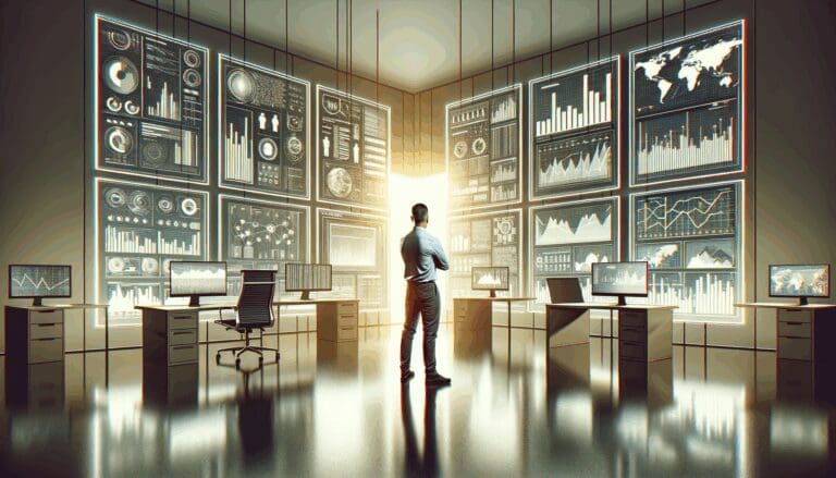 Hombre solo frente a múltiples pantallas en una oficina moderna, rodeado de gráficos y datos tecnológicos.