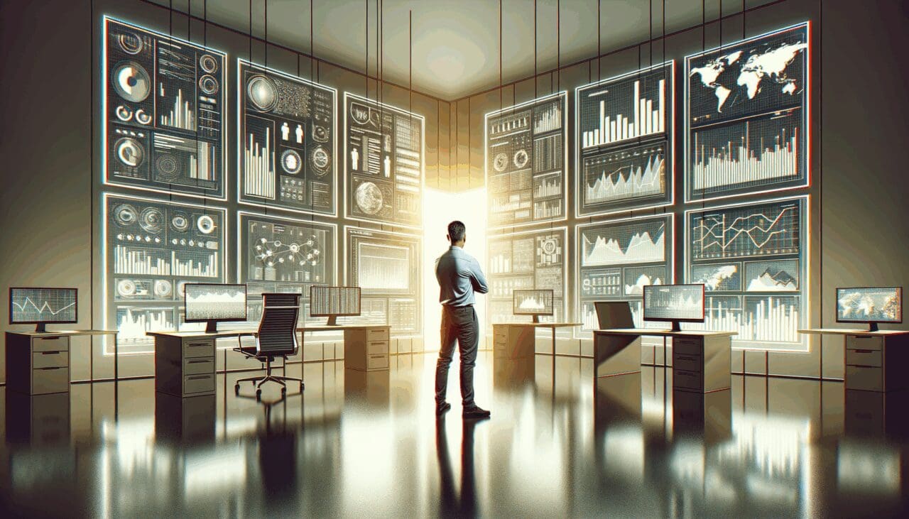 Hombre solo frente a múltiples pantallas en una oficina moderna, rodeado de gráficos y datos tecnológicos.