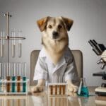 Perro de raza mediana en un laboratorio moderno con tubos de ensayo y ambiente tecnológico.
