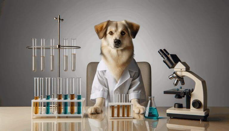 Perro de raza mediana en un laboratorio moderno con tubos de ensayo y ambiente tecnológico.