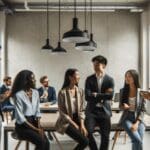 Grupo diverso de jóvenes emprendedores conversando en una oficina moderna y luminosa, ambiente profesional.