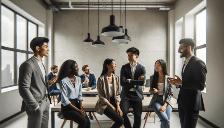 Grupo diverso de jóvenes emprendedores conversando en una oficina moderna y luminosa, ambiente profesional.