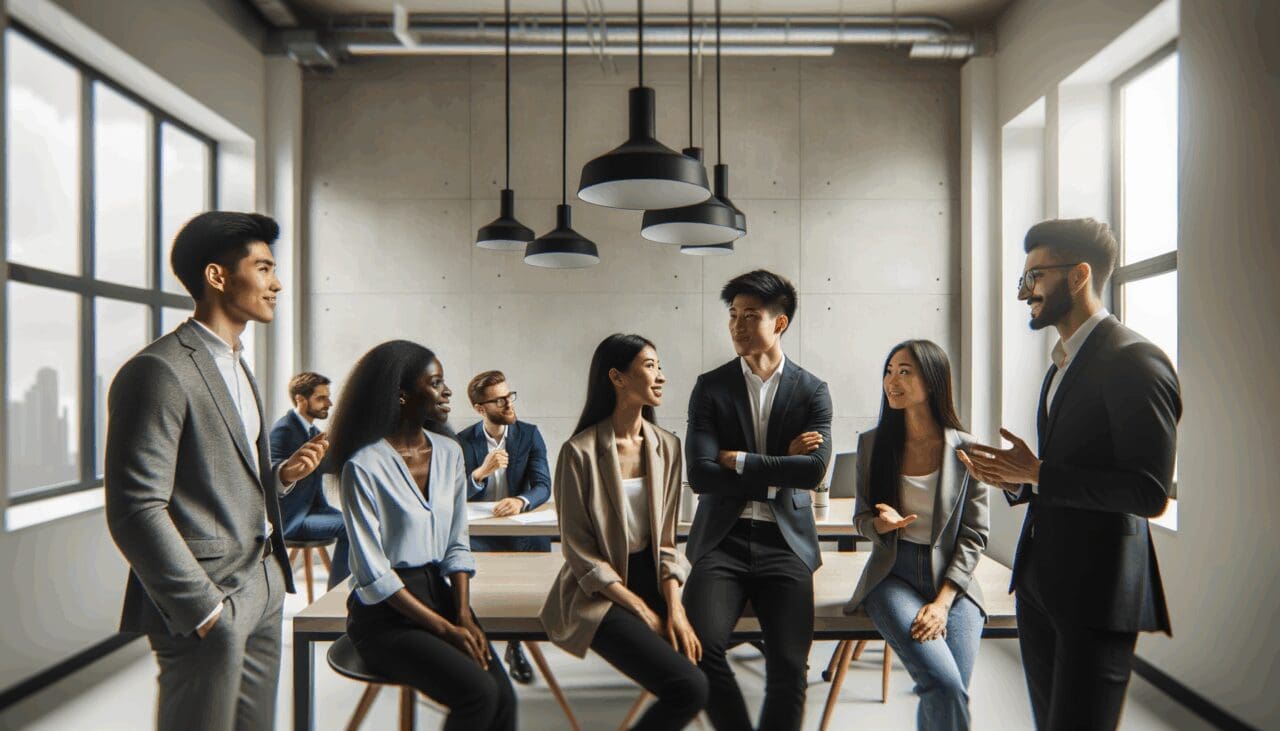 Grupo diverso de jóvenes emprendedores conversando en una oficina moderna y luminosa, ambiente profesional.