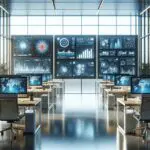 Oficinas modernas con computadoras y pantallas mostrando gráficos y datos digitales.