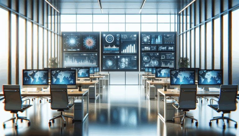 Oficinas modernas con computadoras y pantallas mostrando gráficos y datos digitales.