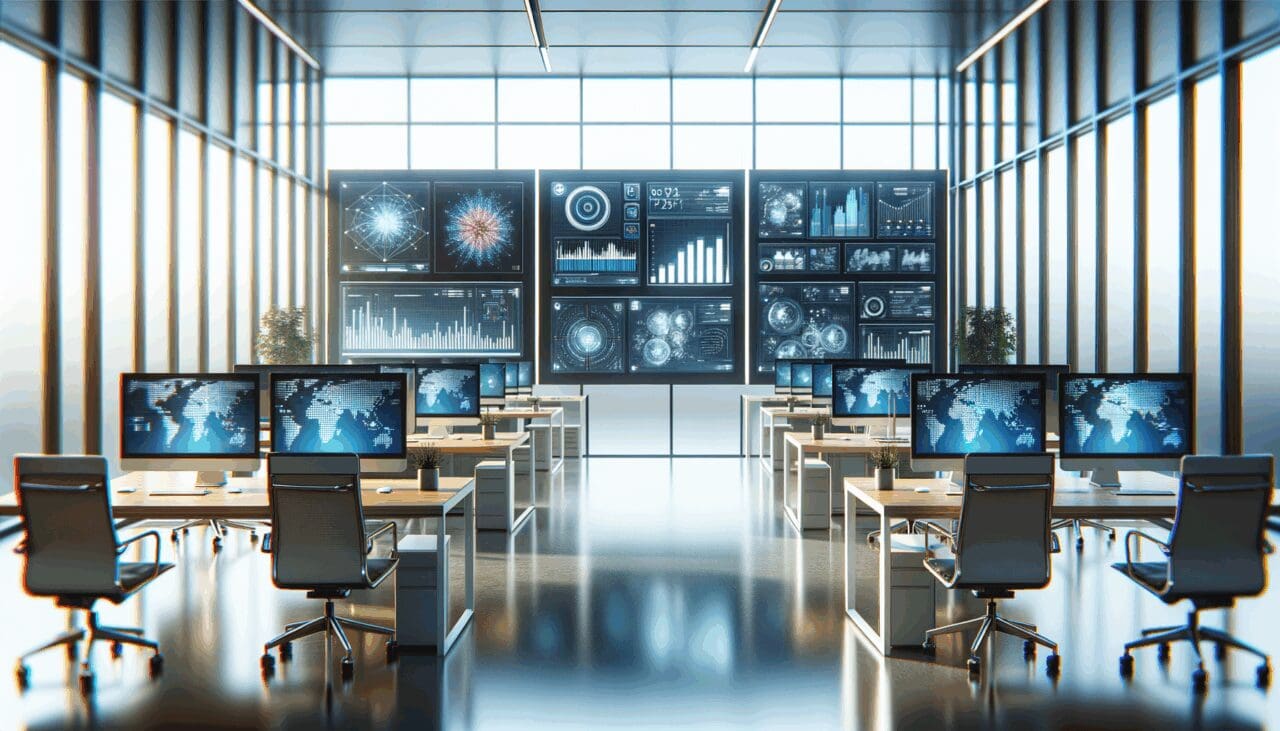 Oficinas modernas con computadoras y pantallas mostrando gráficos y datos digitales.