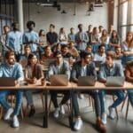Grupo diverso de jóvenes emprendedores reunidos en un espacio de coworking moderno con laptops, celebrando y conversando.