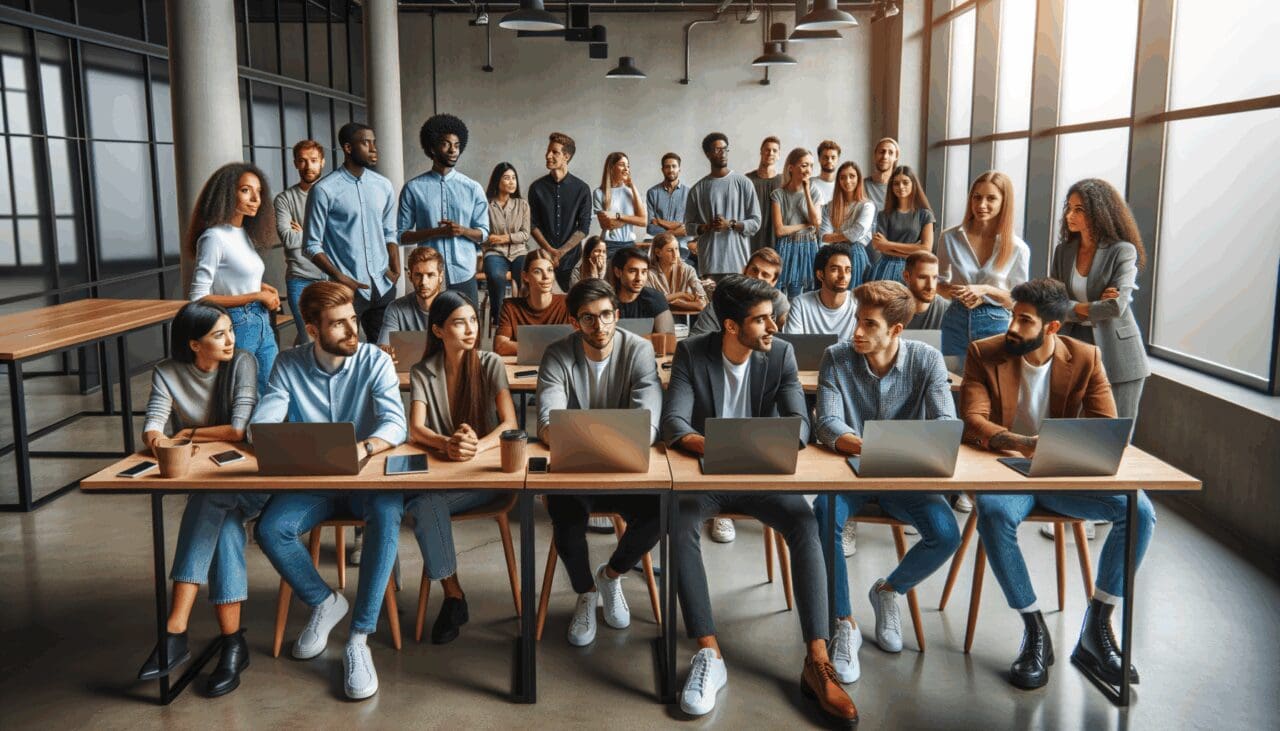 Grupo diverso de jóvenes emprendedores reunidos en un espacio de coworking moderno con laptops, celebrando y conversando.