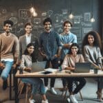 Jóvenes emprendedores trabajando juntos en un espacio de cowork rodeado de pizarras y tecnología.