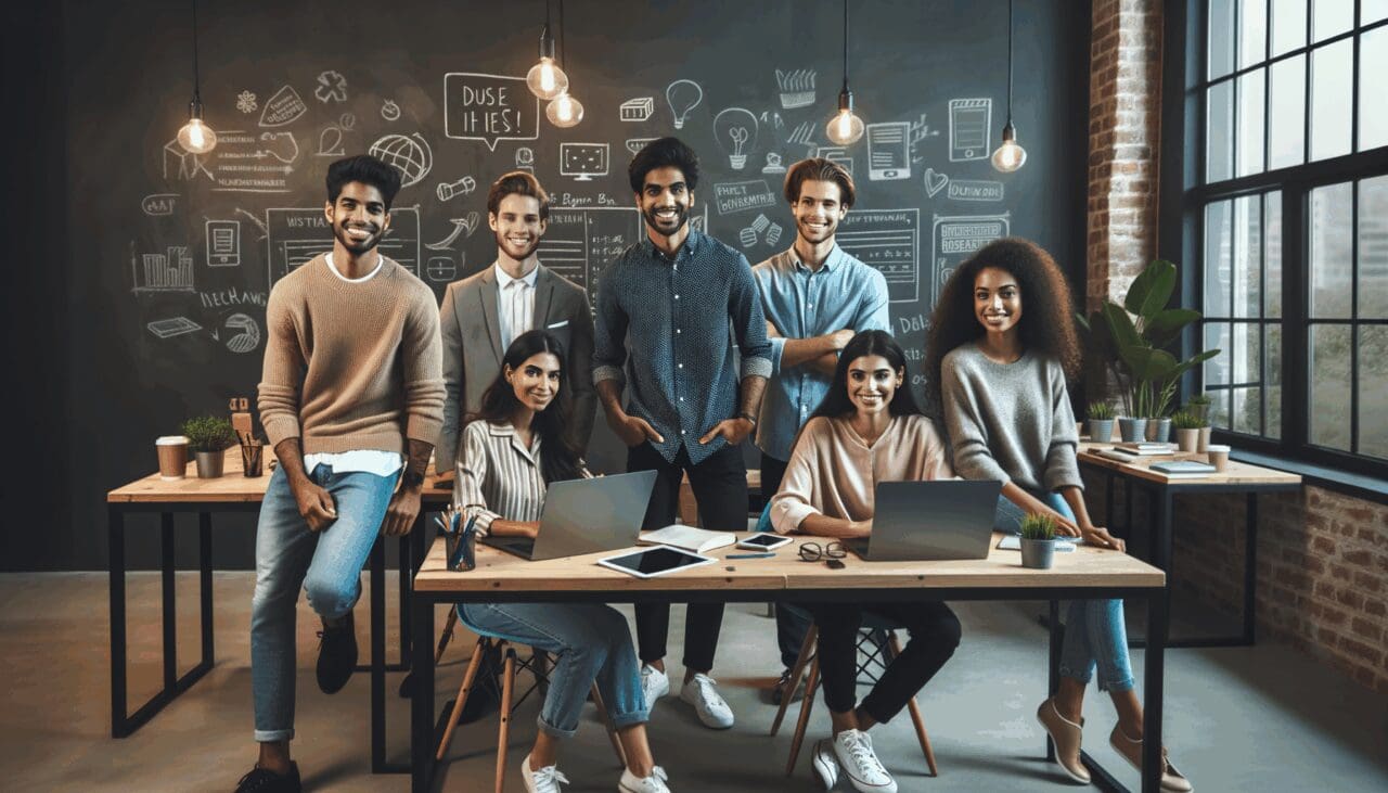 Jóvenes emprendedores trabajando juntos en un espacio de cowork rodeado de pizarras y tecnología.