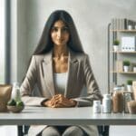 Primer plano de emprendedora en oficina moderna, con productos saludables y fondo claro.