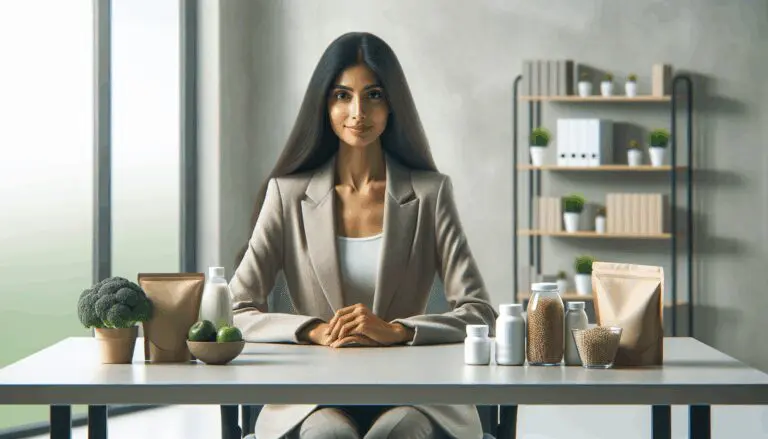 Primer plano de emprendedora en oficina moderna, con productos saludables y fondo claro.