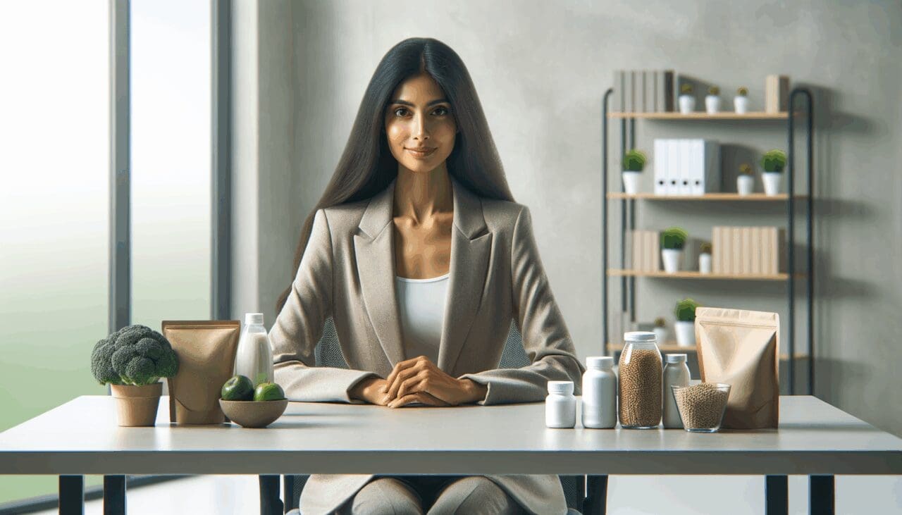 Primer plano de emprendedora en oficina moderna, con productos saludables y fondo claro.