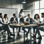 Grupo diverso de emprendedores discutiendo en una oficina moderna con pizarras y laptops.