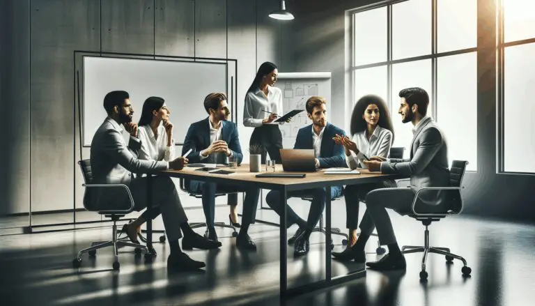 Grupo diverso de emprendedores discutiendo en una oficina moderna con pizarras y laptops.
