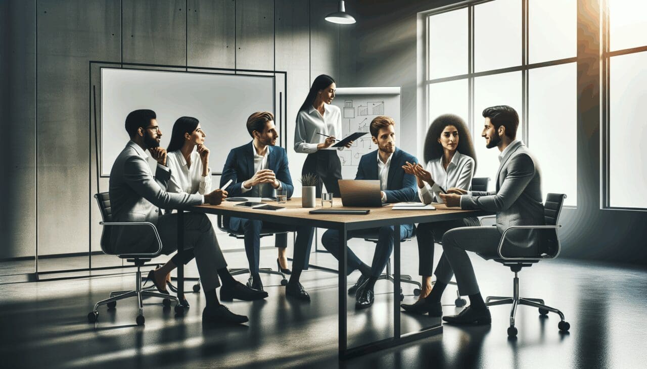 Grupo diverso de emprendedores discutiendo en una oficina moderna con pizarras y laptops.