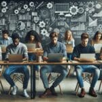 Grupo de jóvenes emprendedores trabajando en ordenadores portátiles en un espacio de coworking moderno, con pizarras y ambiente tecnológico.