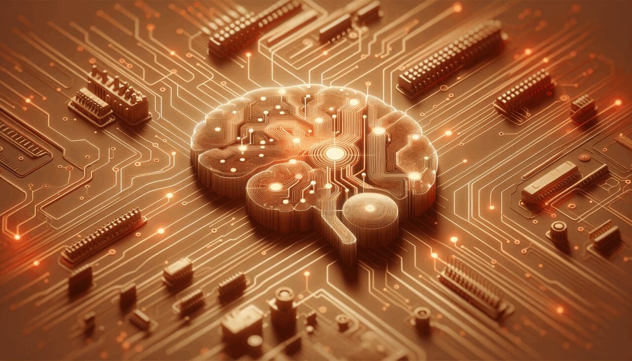 Representación conceptual de redes neuronales y circuitos tecnológicos en tonos cálidos y modernos.