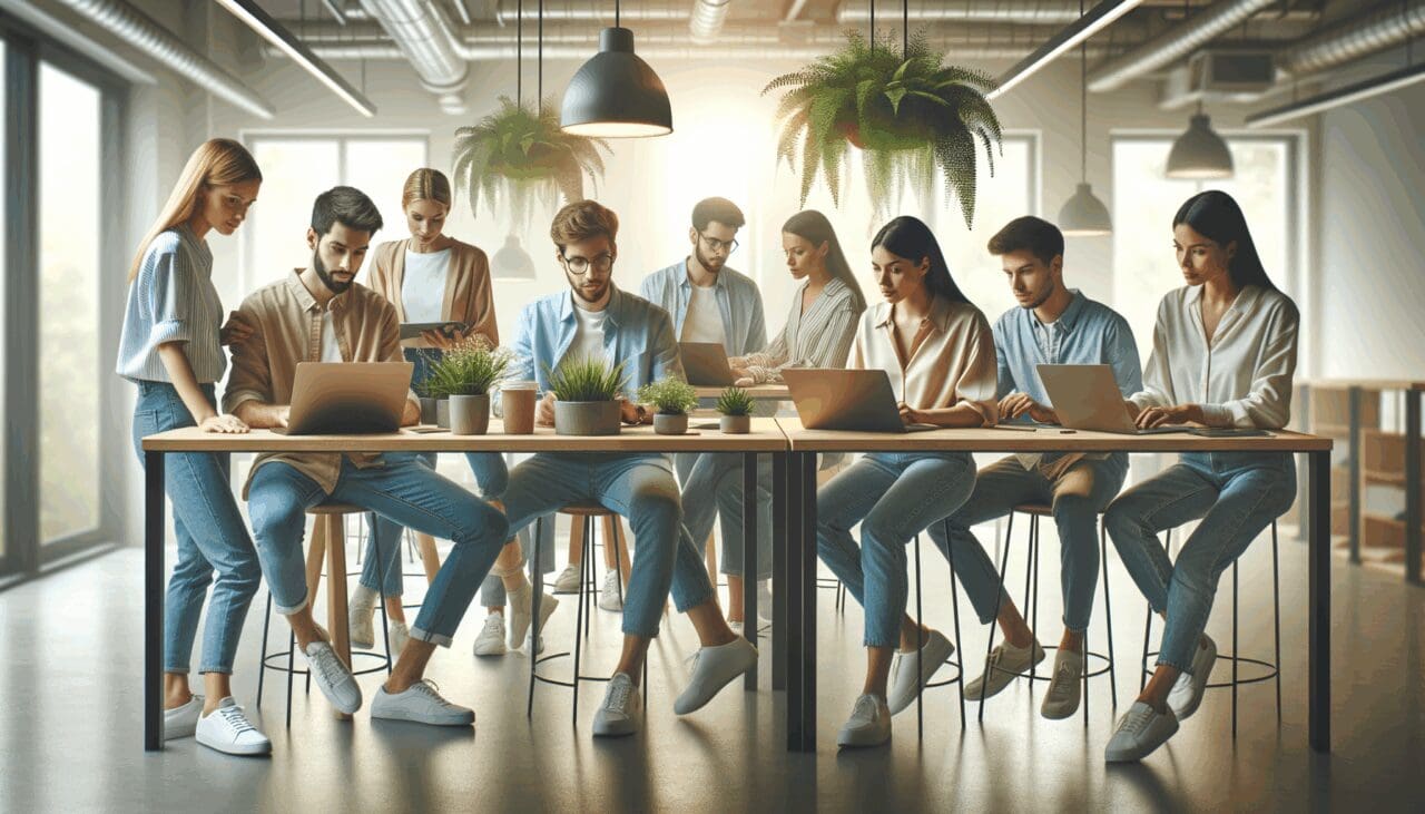 Grupo de jóvenes emprendedores colaborando en un espacio de coworking rodeados de plantas.