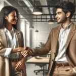 Dos emprendedores dando la mano en un moderno espacio de coworking, representando colaboración internacional.