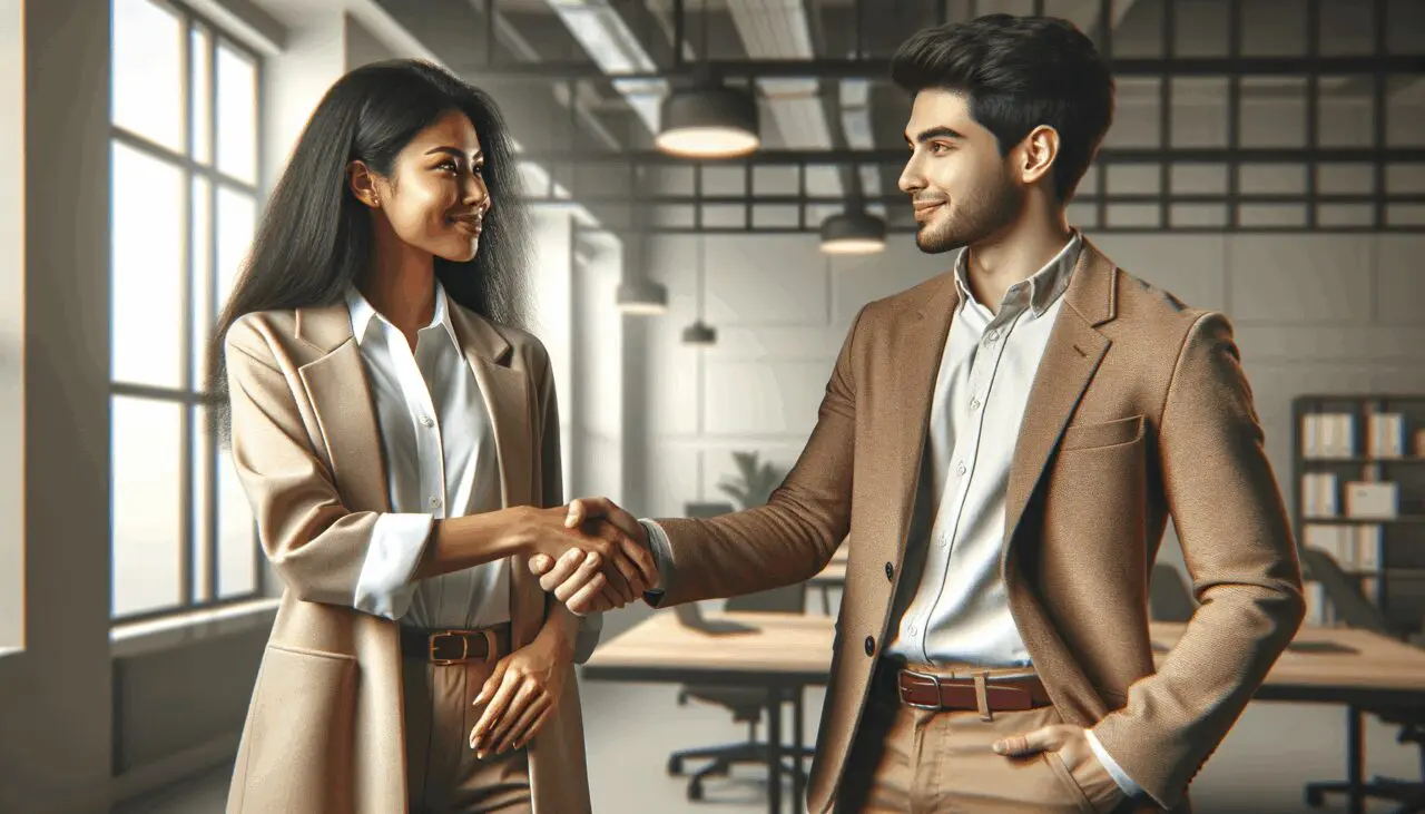 Dos emprendedores dando la mano en un moderno espacio de coworking, representando colaboración internacional.